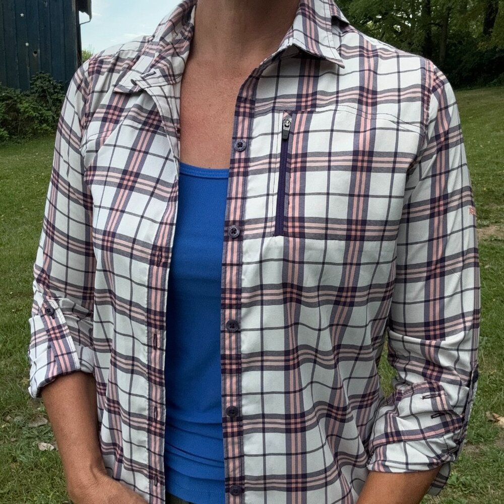 Ascend Plaid Shirt- Pink / Purple / white, Size S:  zip pocket, UPF sun protec